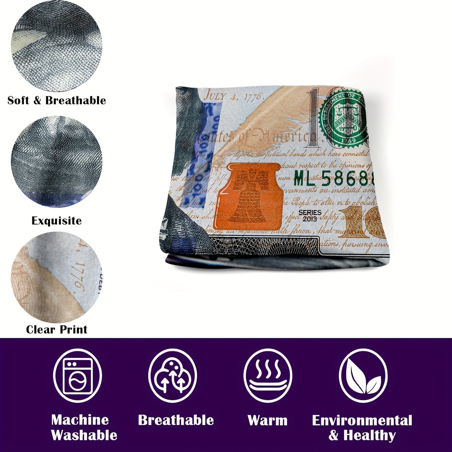 1pc, $100 HD Print Blanket Funny $100 Print Multi-Purpose HD Print Outdoor Beach Camping Living Room Sofa Pet Office Cover Blanket Flannel Blanket Cover Blanket Living Room Decorative Flannel