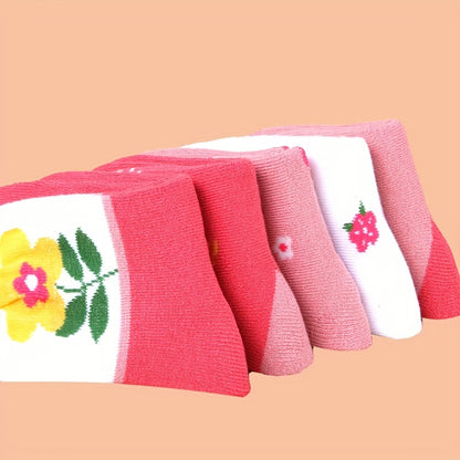 Girls' Knee-High Winter Socks 5-Pack - Cozy Thick Knit Fabric with Floral Patterns, Polyester and Spandex Blend, Hand Wash Only, Warm and Comfortable for Ages 12 and Under