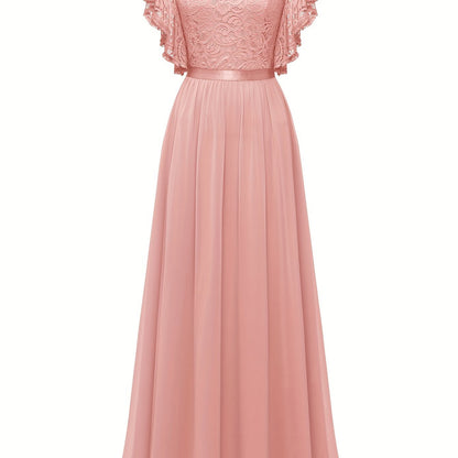 Stunning Lace Splicing V-Neck Bridesmaid Dress - Elegant Ruffle Sleeve, A-Line Floor Length, Perfect for Wedding Party - Womens Formal Clothing for Special Occasions