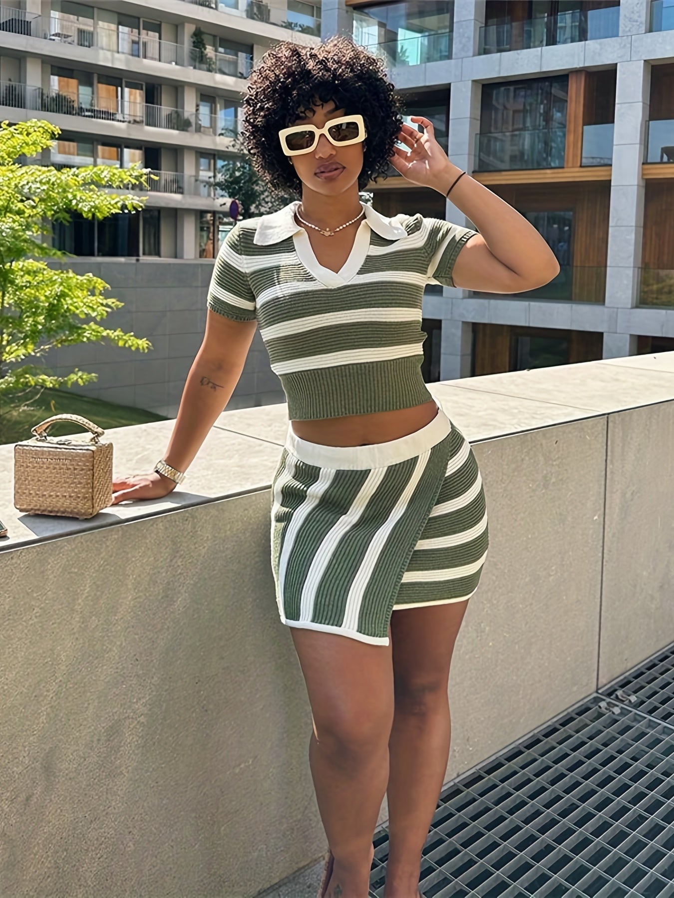 Fashion-Forward Colorblock Stripe Set - Polo Collar Crop Top & Asymmetrical Skirt Outfit - Chic Two-Piece Ensemble for Women