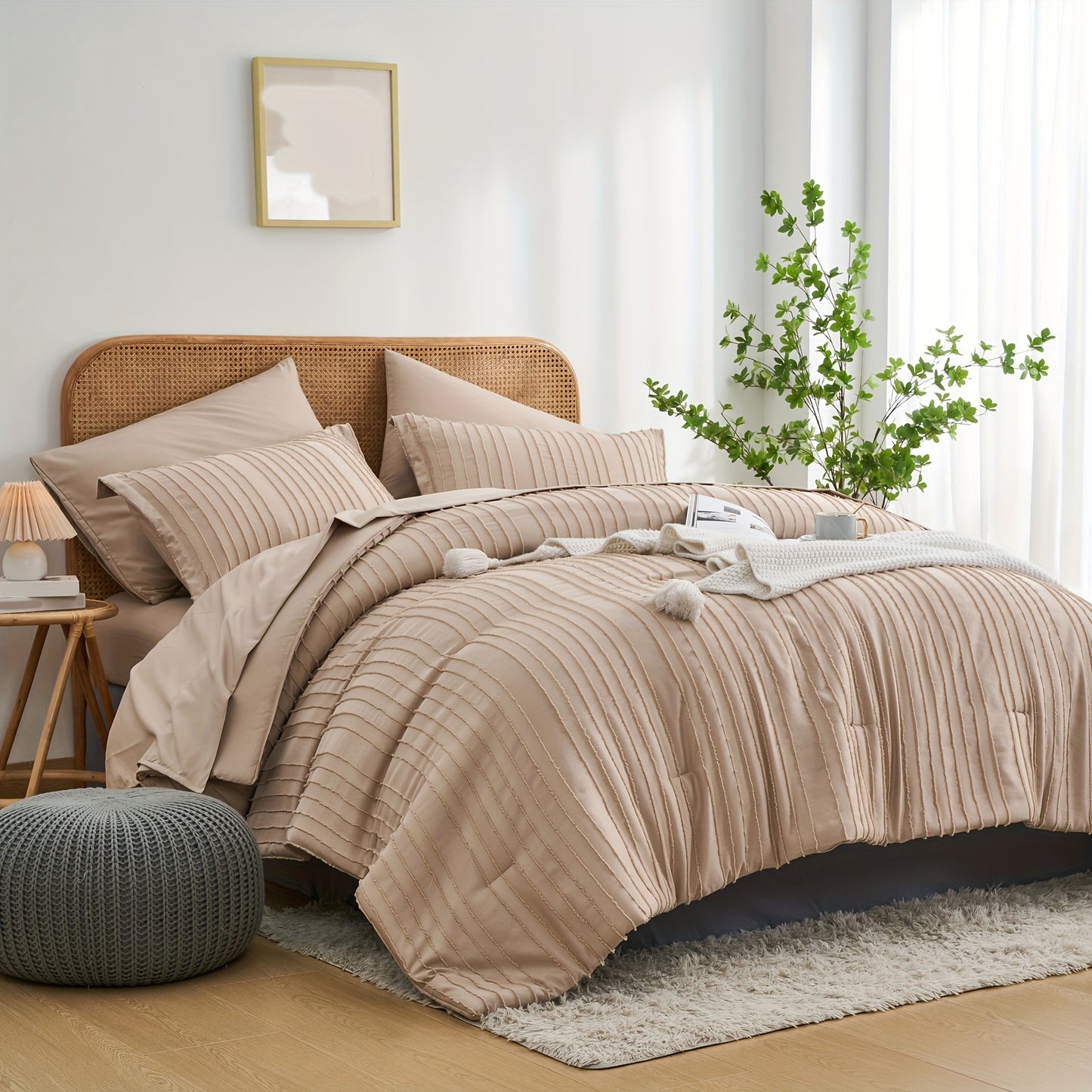 7-Piece Boho Chic Striped Textured Pattern Bed Set - Soft, Lightweight, Microfiber Bedding with Shabby Chic Design - Queen/King Size Bed in a Bag for All Seasons with Easy Care