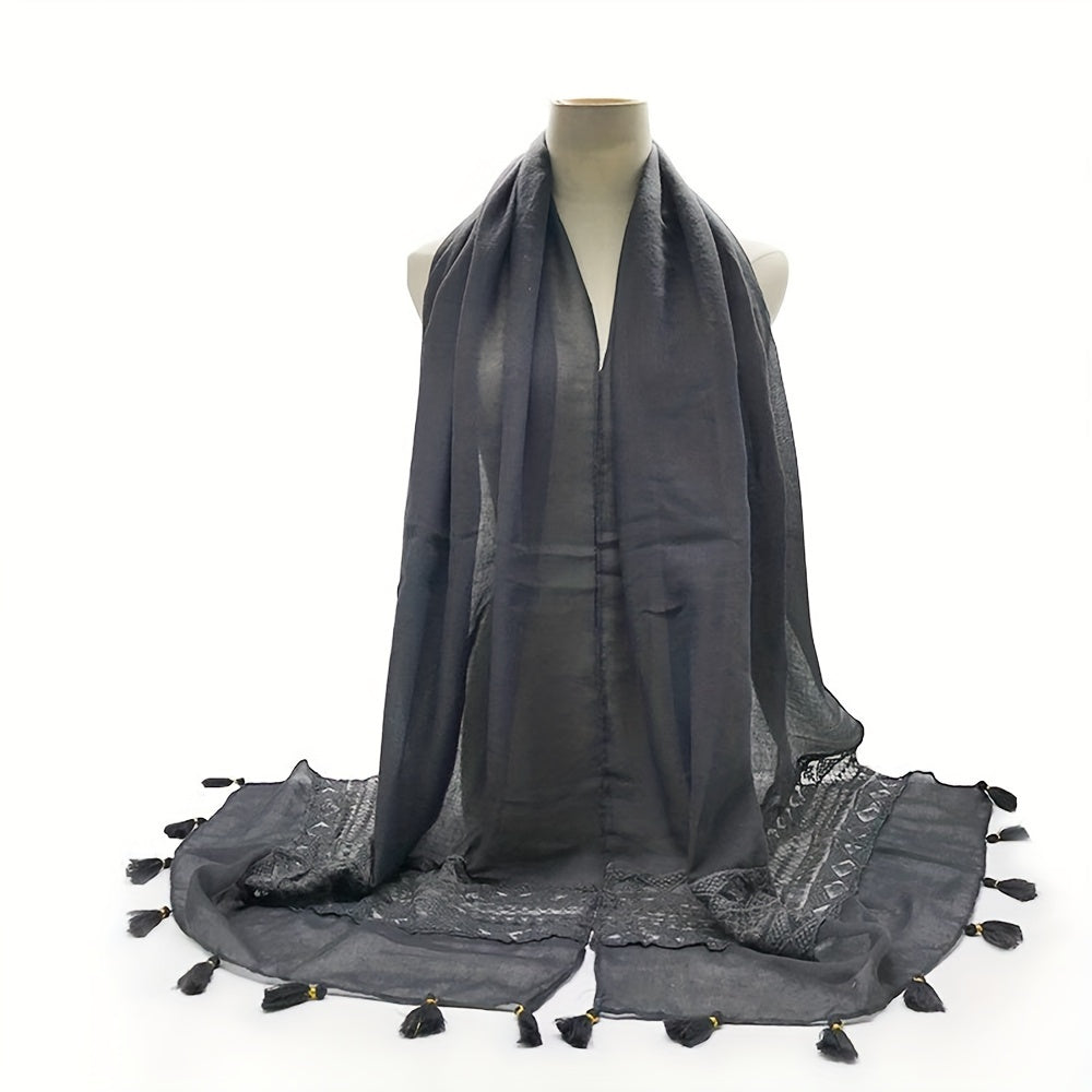 Delicate Embroidered Lace Tassel Scarf - Fashionable & Elegant for Casual Wear - Versatile Cold Weather Accessory, Perfect for Eid Celebrations