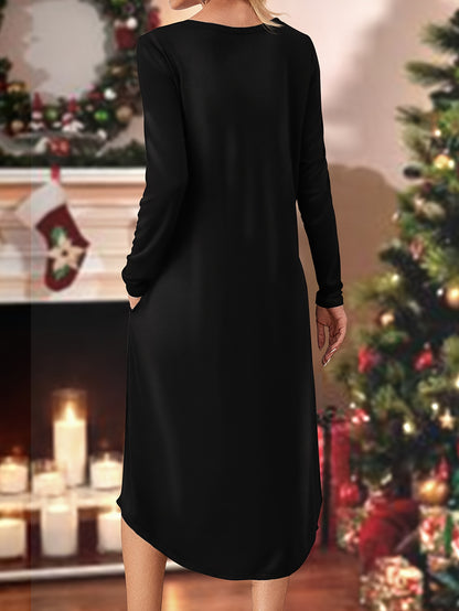 Christmas Santa Claus Print Long Sleeve Knit Dress with Pockets - Casual Round Neck Adult Dress for Fall/Winter Season