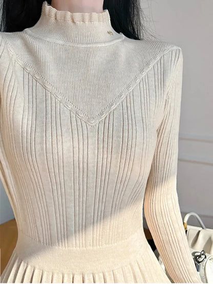 Basic Casual Dresses New Autumn Winter Elegant Knitted Lace Patchwork Pleated Dress Women Long Sleeve Office Lady Sweater Dress Vestidos