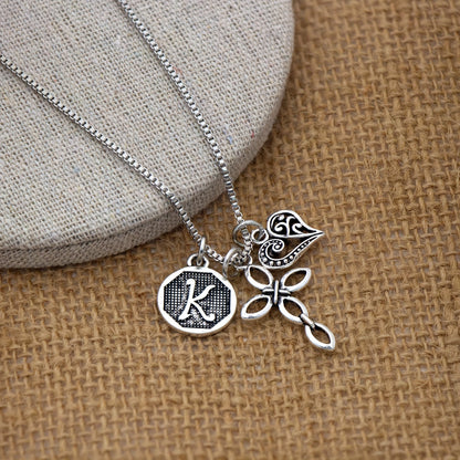 1pc Silvery Initial A-Z Square Chain Necklace For Men Women, Letter Heart Cross Pendant Necklaces, Valentine's Day Birthday Jewelry Gifts
