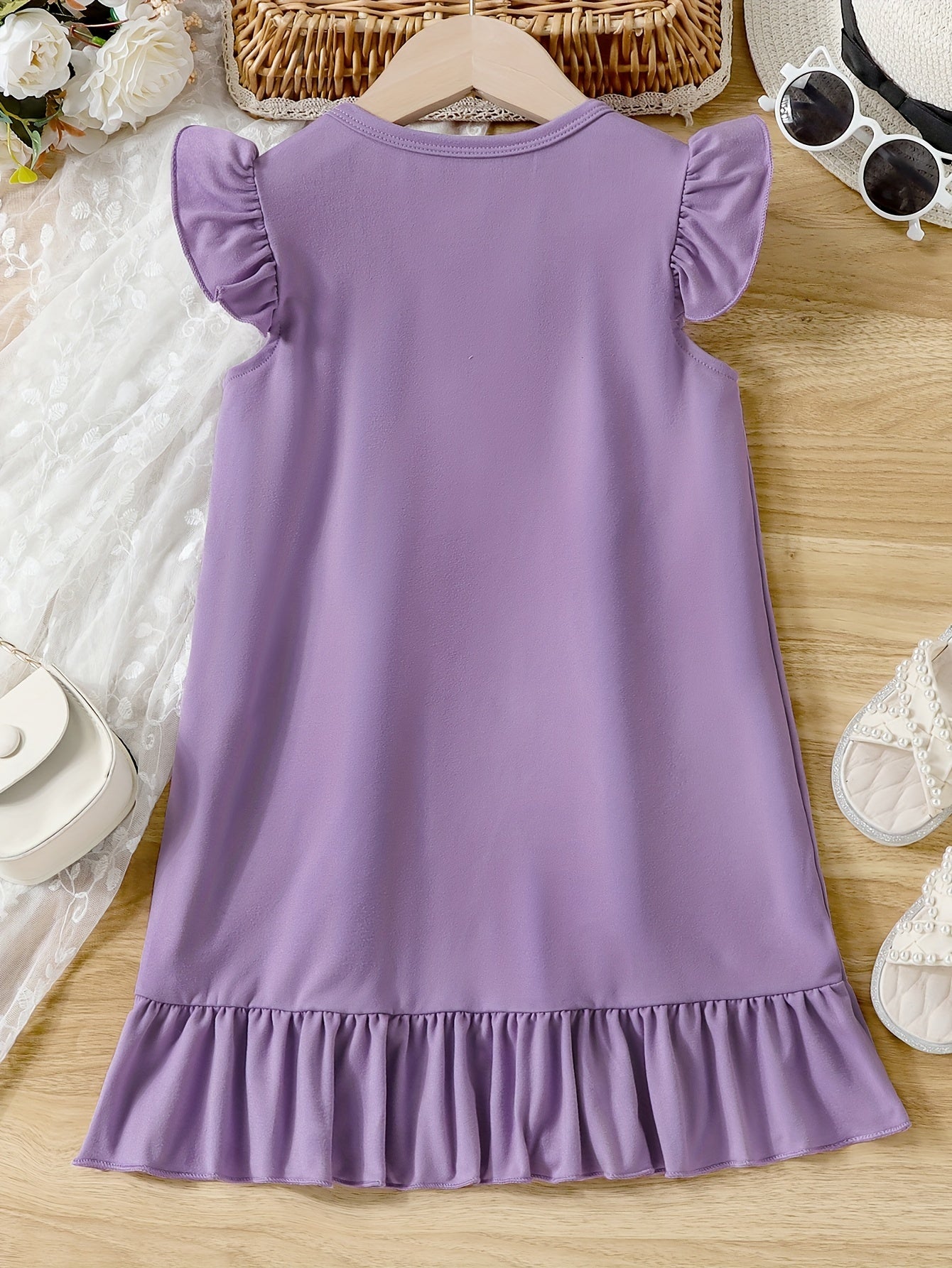 Girls Cartoon Graphic Knitted Ruffle Hem Flying Sleeve Dress - Soft, Slight Stretch, Regular Fit, Alphabets Pattern, Machine Washable, Perfect for Summer Casual Wear