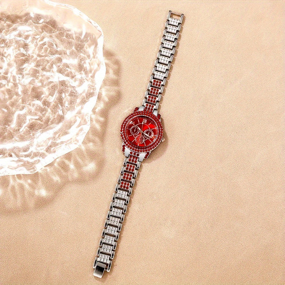 6 Pcs Sparkling Round Rhinestone Quartz Watches - Zinc Alloy Strap, Pointer, and Dial - Elegant Jewelry Gift Set for Women with Matching Necklace and Earrings