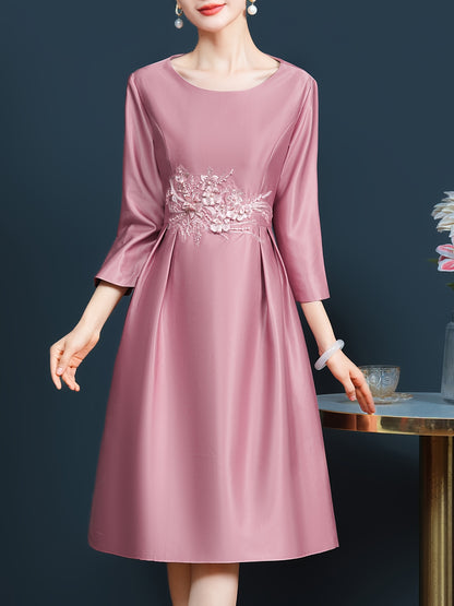 Pink embroidered 3/4 sleeve dress mid-length hem slimming, Mother of the bride wedding guest dress elegant