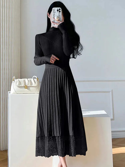 Basic Casual Dresses New Autumn Winter Elegant Knitted Lace Patchwork Pleated Dress Women Long Sleeve Office Lady Sweater Dress Vestidos