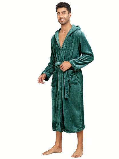 Cozy Plush Fleece Men's Hooded Bathrobe - Soft, Thick, and Fluffy Sleepwear Robes with Pockets for Relaxation - Ideal for Cold Winter Nights, Lounging Around, and Post-Shower Warmth