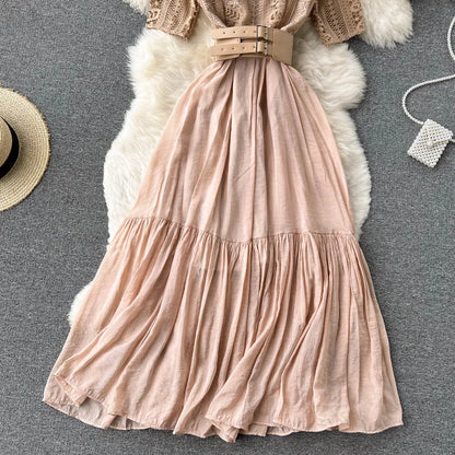 New Summer Elegant Women Stand Collar Long Dress Vintage Female Lace Patchwork Dress Empire Slim Fairy with Belt