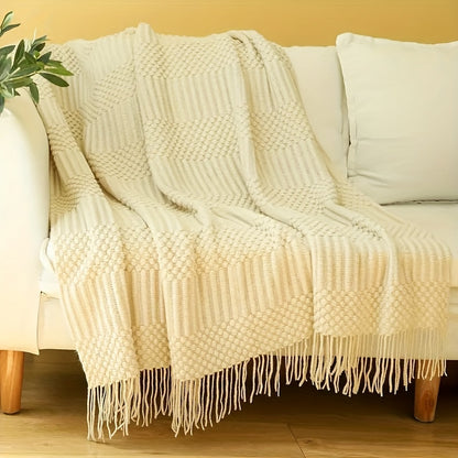1pc Soft & Cozy Textured Knitted Throw Blanket - Perfect for Sofa and Couch Decor - Green and Tan Color Combination - Decorative Accent for Living Room - Soft Brushed Fabric - Easy Care