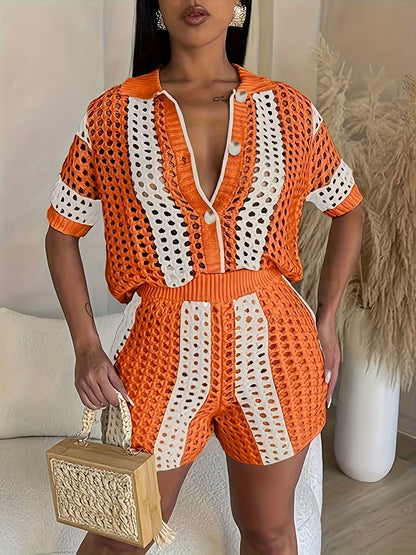 Two-Piece Short Sleeve Lapel Collar Cut Out Stripe Set - Semi-Sheer Micro Elastic Polyester Knit Fabric, Color Block Pattern, Casual Outfit for Spring/Summer - Elegant Womens Clothing