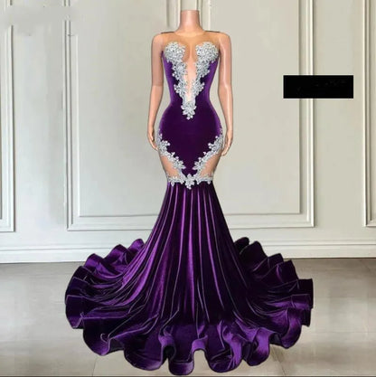 New Purple Velvet Prom Dresses With Appliques Sequins Sheer jewel Neck Ruffles Long Evening Gowns For Black Girls Special Occasion Wears BC18274