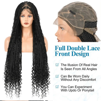 Synthetic Wigs Viyskur 36 Full Double Lace Front Triangle Knotless Box Braided Wigs With Boho Curls Ends Box Braids Wig With Baby Hair 240329