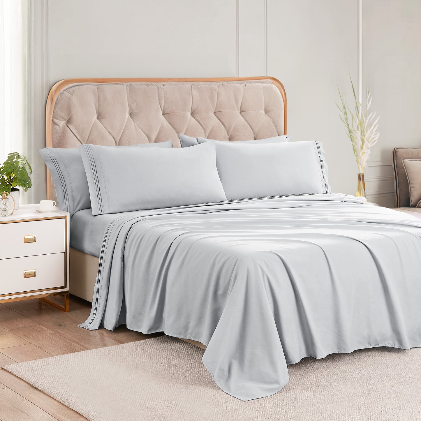 6 Piece Cooling Sheets Queen Set,Extra Deep Pocket White Queen Sheets & 4 Pillowcases,Breathable & Washable Queen Bedding Sheets,Wrap-around Elastic & Wrinkle Free Soft Queen Sheets