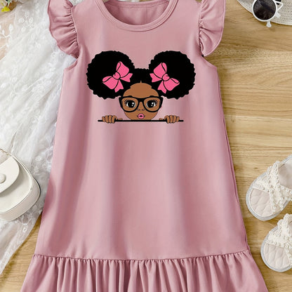 Girls Cartoon Graphic Knitted Ruffle Hem Flying Sleeve Dress - Soft, Slight Stretch, Regular Fit, Alphabets Pattern, Machine Washable, Perfect for Summer Casual Wear