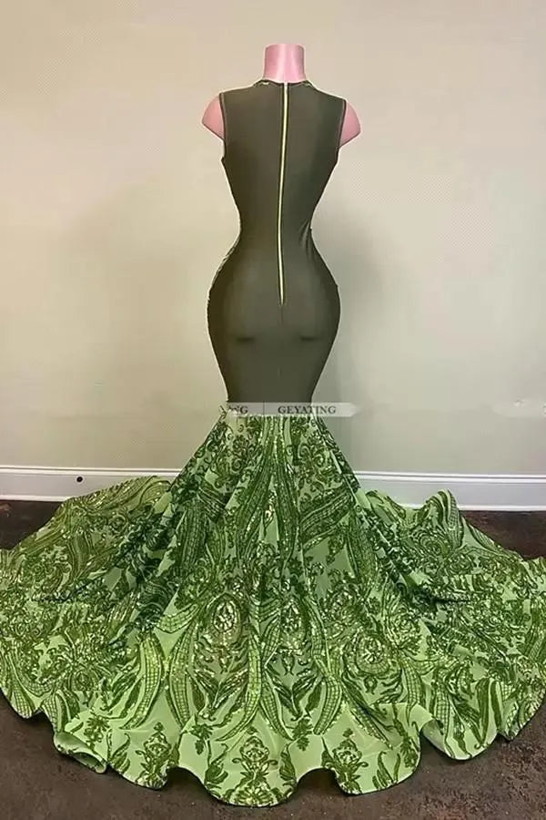 Sparkly Sequin Olive Green Mermaid African Prom Dresses Black Girls Long Graduation Dress Plus Size Formal Evening Gowns BC11328
