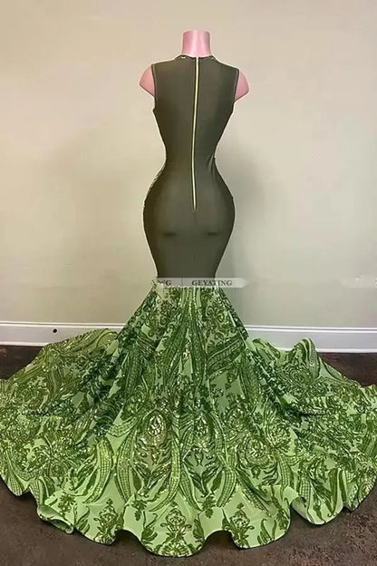 Sparkly Sequin Olive Green Mermaid African Prom Dresses Black Girls Long Graduation Dress Plus Size Formal Evening Gowns BC11328