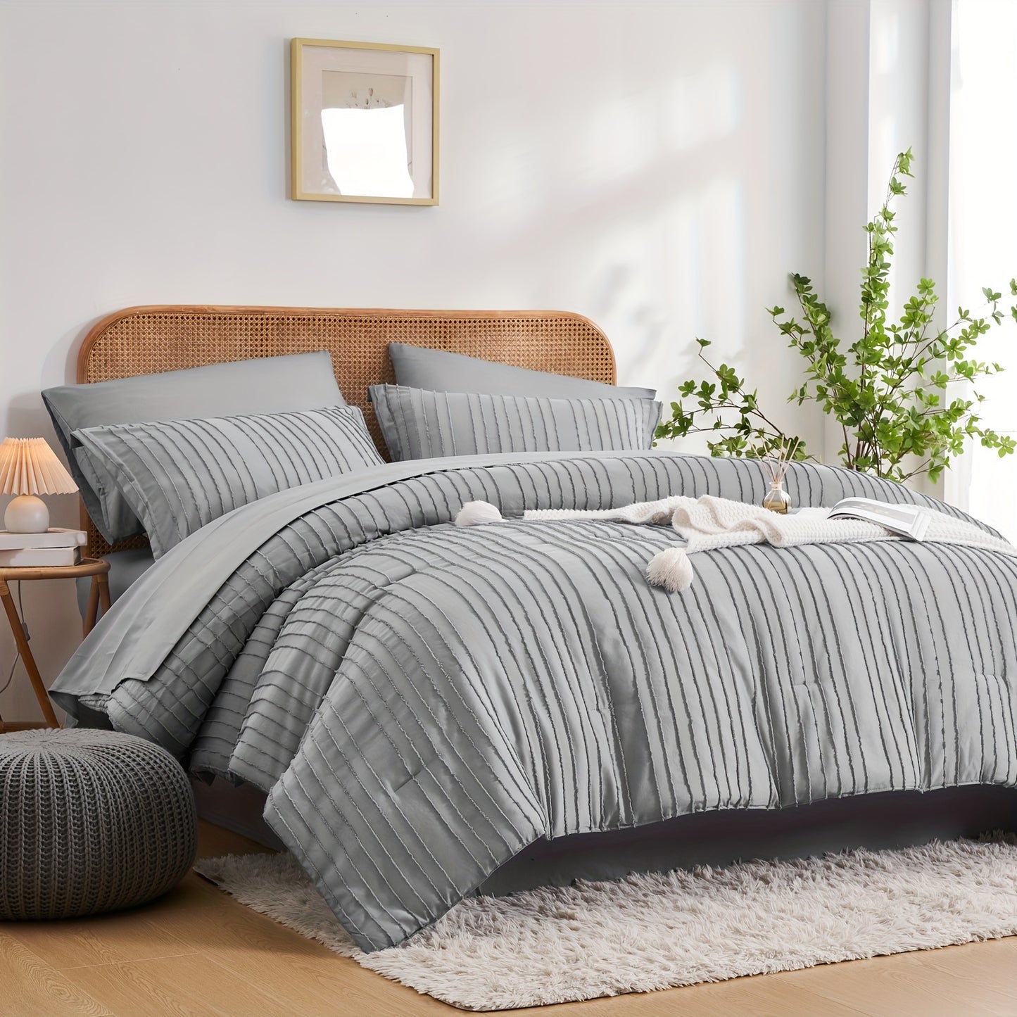 7-Piece Boho Chic Striped Textured Pattern Bed Set - Soft, Lightweight, Microfiber Bedding with Shabby Chic Design - Queen/King Size Bed in a Bag for All Seasons with Easy Care