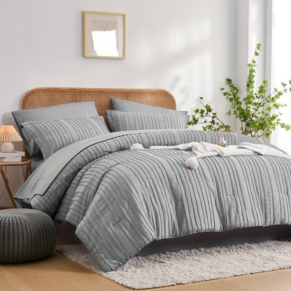 7-Piece Boho Chic Striped Textured Pattern Bed Set - Soft, Lightweight, Microfiber Bedding with Shabby Chic Design - Queen/King Size Bed in a Bag for All Seasons with Easy Care