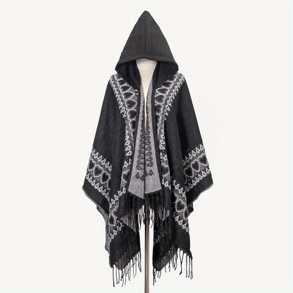 Cozy Oversized Hoodie Scarf Blanket - Stylish Boho Geometric Print with Tassels - Ultra-Soft Warm Cape for Outdoor Adventures, Windproof & Thick Cardigan Shawl