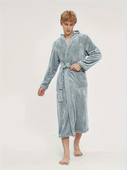 Men's Casual Nightgown, Soft And Comfortable Hooded Robes Full Length With Pockets, New , Plain Hooded Flannel