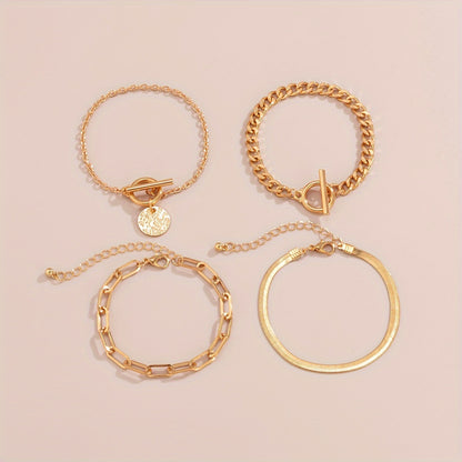 4pcs/set Golden Alloy Punk Chic Hollow Chain Bracelet - Fashionable Unique Accessory for Daily Wear, Party and Gift Idea - Stylish, Durable, Versatile, and Affordable Ladies' Jewelry