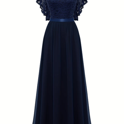 Stunning Lace Splicing V-Neck Bridesmaid Dress - Elegant Ruffle Sleeve, A-Line Floor Length, Perfect for Wedding Party - Womens Formal Clothing for Special Occasions