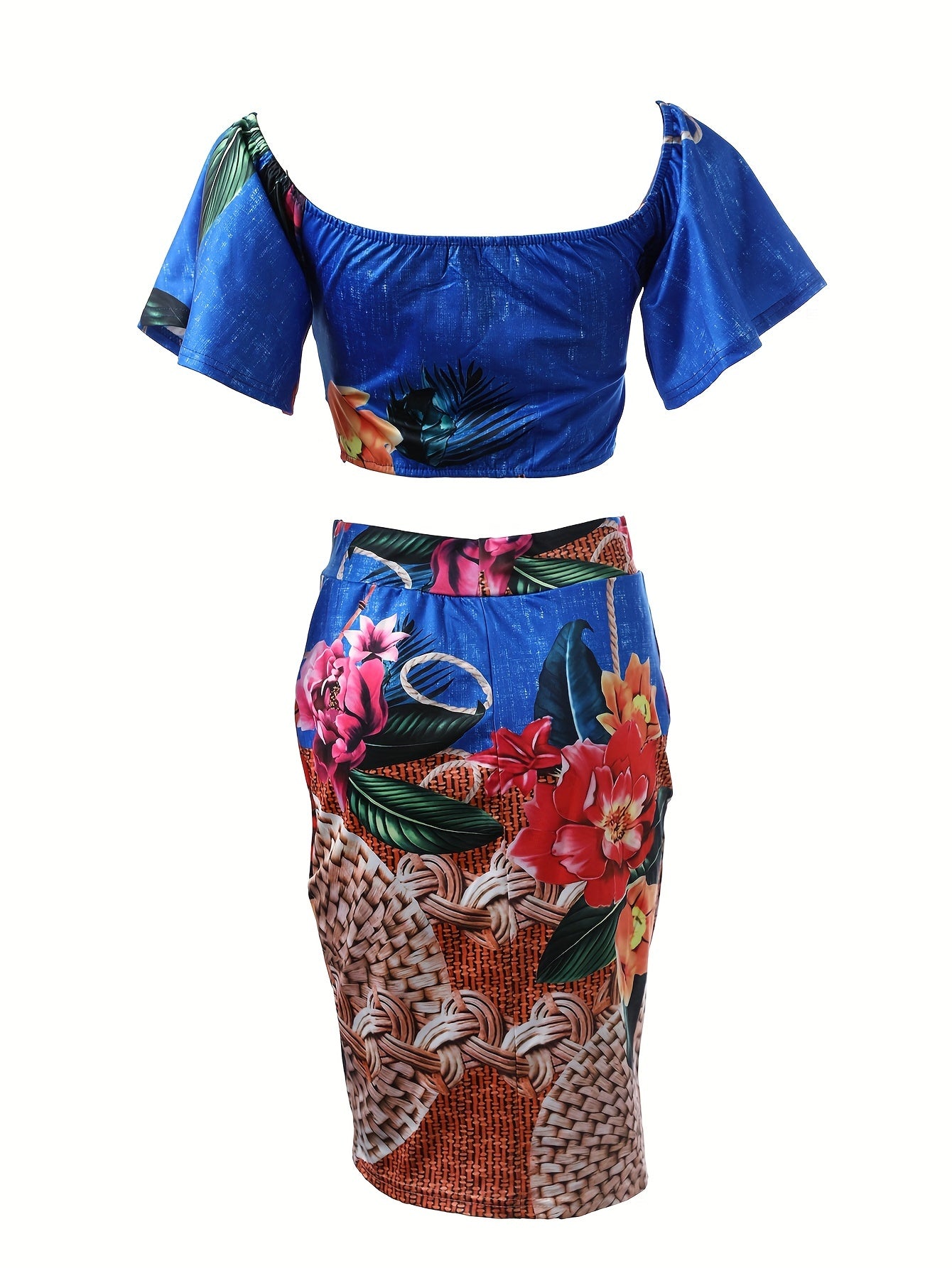 Romantic Boho Floral Two-Piece Outfit Set - Flirty Off-Shoulder Crop Top & Split Skirt - Perfect for Vacation Wear - Womens Summer Fashion