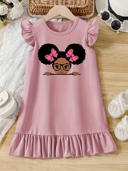 Girls Cartoon Graphic Knitted Ruffle Hem Flying Sleeve Dress - Soft, Slight Stretch, Regular Fit, Alphabets Pattern, Machine Washable, Perfect for Summer Casual Wear