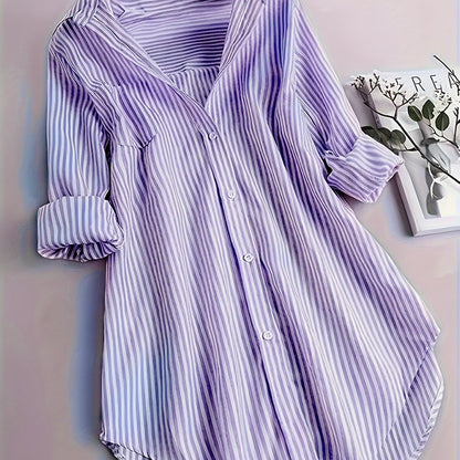 ZllKl Stripe Print Button Front Blouse, Casual Long Sleeve Blouse For Spring & Fall, Women's Clothing