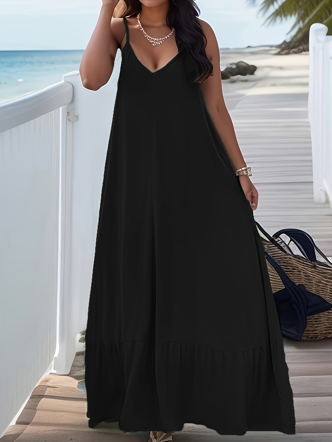 Plus Size Peplum Cami Maxi Dress - V Neck, Backless, Slight Stretch, Polyester, Machine Washable, Solid Color, Vacation Style, Knit Fabric - Perfect for Summer