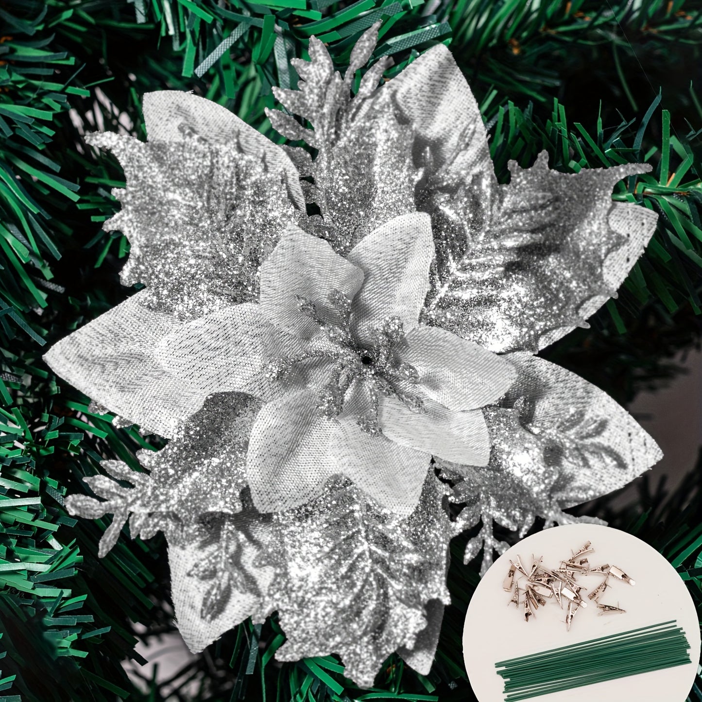 20 PCS Artificial Poinsettia Flowers with Clips - Festive Holiday Decorations for Xmas Tree, Wreath, Party, and Home with Plastic Ornaments
