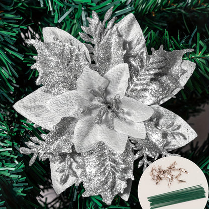 20 PCS Artificial Poinsettia Flowers with Clips - Festive Holiday Decorations for Xmas Tree, Wreath, Party, and Home with Plastic Ornaments