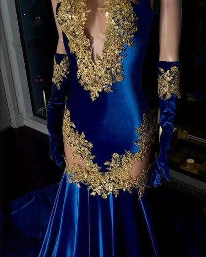 Royal Blue Lace Applique Sheath Prom Dresses  Sheer Neck Evening Gowns With Gloves Black Girls Mermaid Formal Party Dress Robes De Soiree BC18387