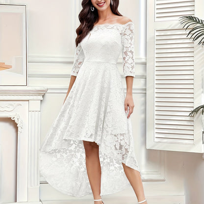 Elegant Off the Shoulder Lace Stitching Pendulum Dress - Micro Elastic Polyester, Half Sleeve, High-Low Hem, Solid Color, Hand Washable - Perfect for Wedding, Party, Banquet, and Engagement Occasions