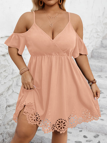 Plus Size Cutout Dress - Dramatic Cutout Trim, Cold Shoulder, Short Sleeve, Elegant Style - Perfect for Spring and Summer, Plus Size Womens Clothing