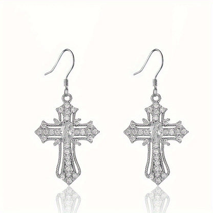 1pc Cute Sparkling Rhinestone Decor Cross Hollow Pendant Necklace, Religious Jewelry For Blessing, Ideal choice for Easter Gift