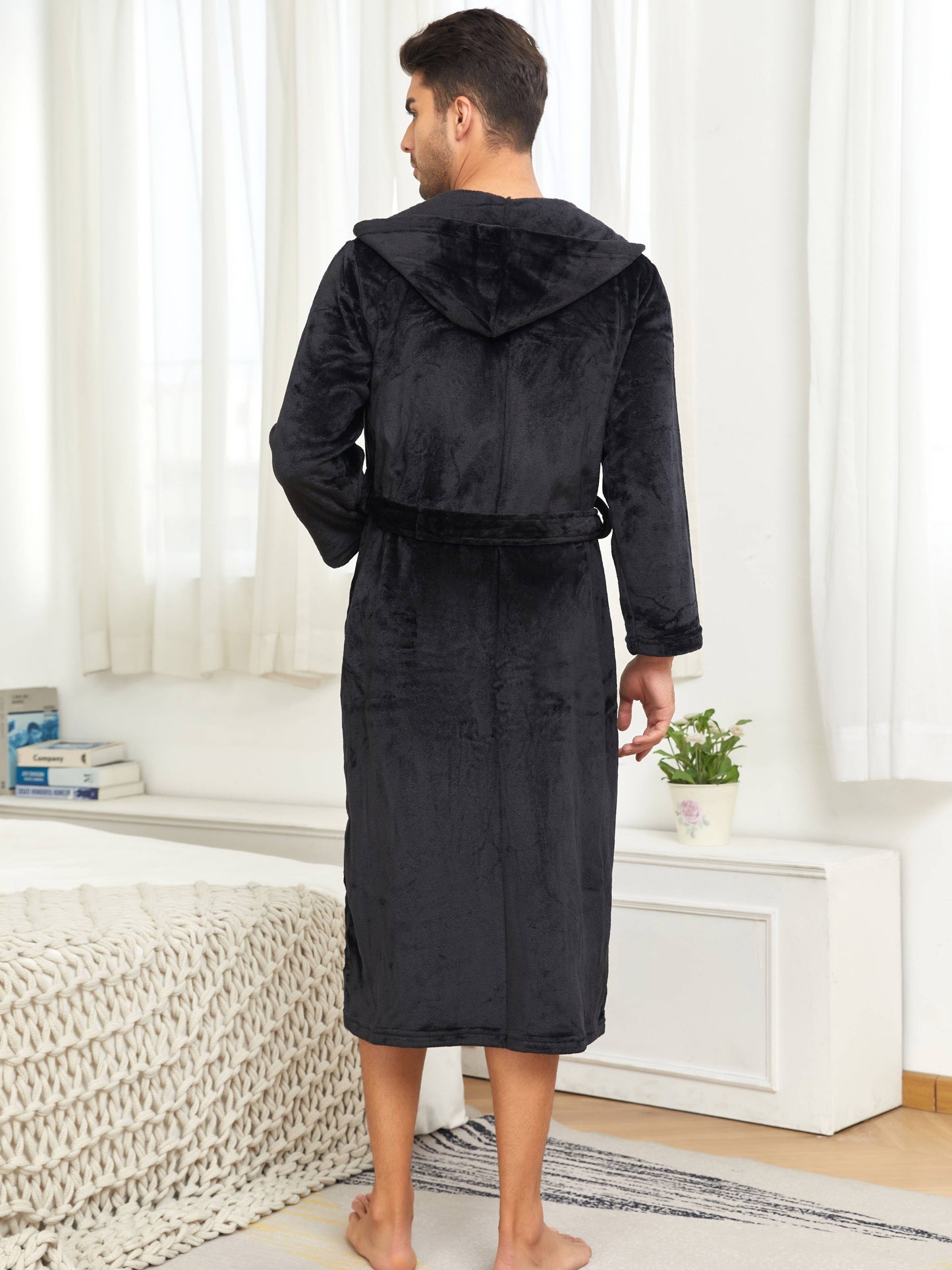 Cozy Plush Fleece Men's Hooded Bathrobe - Soft, Thick, and Fluffy Sleepwear Robes with Pockets for Relaxation - Ideal for Cold Winter Nights, Lounging Around, and Post-Shower Warmth