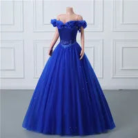 Princess Royal Blue Ball Gown Evening Prom Dresses Elegant Off Shoulders Beads Sequins Ruffles Tulle Long Party Gowns Corset Back Sweet 15 Quinceanera Dresses