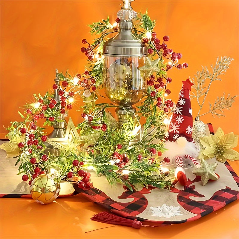 78.74" Pre-Lit Christmas Garland with Red Berries & Green Holly - Battery Operated, Indoor Xmas Decor for Mantle, Fireplace, Stairs