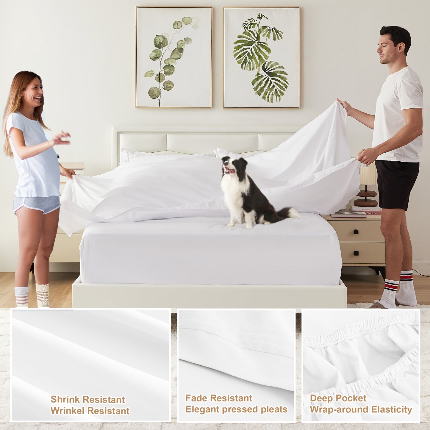 6 Piece Cooling Sheets Queen Set,Extra Deep Pocket White Queen Sheets & 4 Pillowcases,Breathable & Washable Queen Bedding Sheets,Wrap-around Elastic & Wrinkle Free Soft Queen Sheets