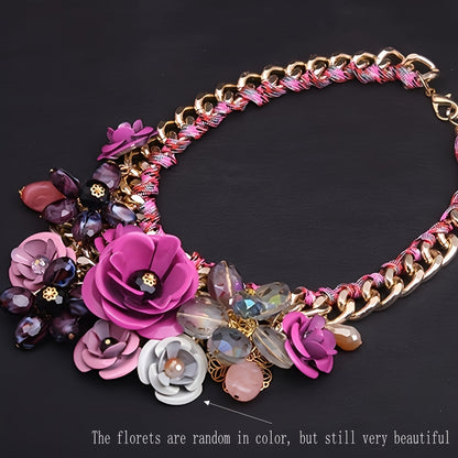 1pc Women's Bohemian Retro Style Colorful Floral Gem Necklace, Rope Braided Collarbone Chain, Trendy Accessory For Ladies Spring And Summer