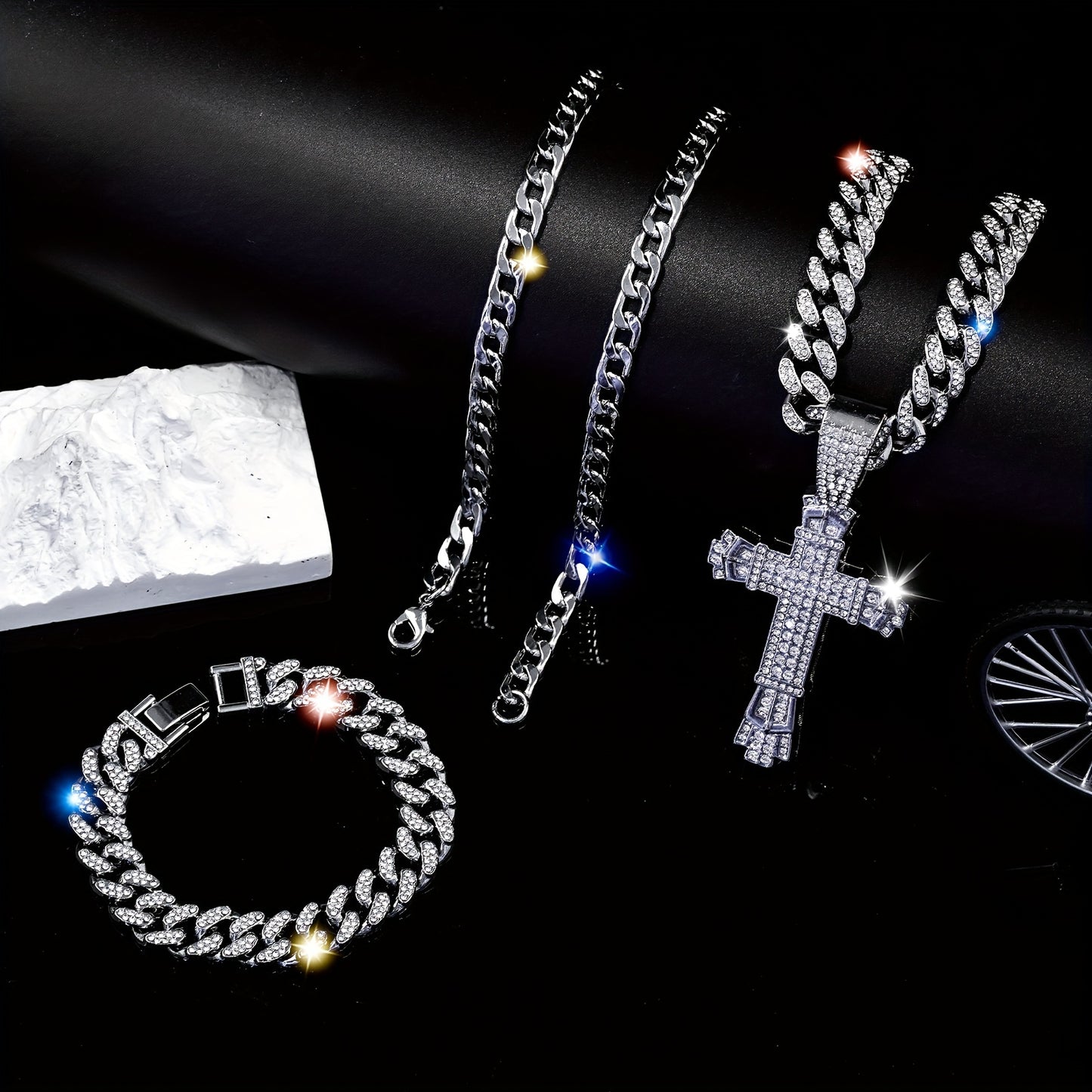 Multilayered Chain Bracelet & Pendant Necklace Set - Rhinestone Embellished, Zinc Alloy Made, Street Style Unisex Jewelry Gift for Women Men - Perfect for Everyday Wear