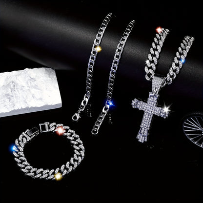 Multilayered Chain Bracelet & Pendant Necklace Set - Rhinestone Embellished, Zinc Alloy Made, Street Style Unisex Jewelry Gift for Women Men - Perfect for Everyday Wear