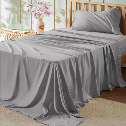 4pcs Luxurious Microfiber Sheet Set - 14" Deep Pocket, Exquisite Pinch Pleat, Shrink-Resistant, Fade-Resistant, Soft & Comfortable Bedding Set With Pillowcase, Flat Sheet, Fitted Sheet - Modern Design For All Season, Dorm Bedding For College Set