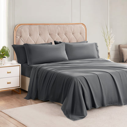6 Piece Cooling Sheets Queen Set,Extra Deep Pocket White Queen Sheets & 4 Pillowcases,Breathable & Washable Queen Bedding Sheets,Wrap-around Elastic & Wrinkle Free Soft Queen Sheets