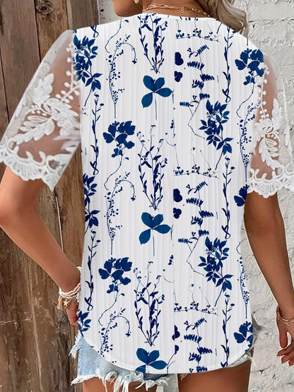 Plus Size Floral Print Blouse - Delicate Lace Stitching, Flattering V-Neck, Comfortable Short Sleeves, Exquisite Elegant Design - Perfect for Spring, Womens Fashion Clothing