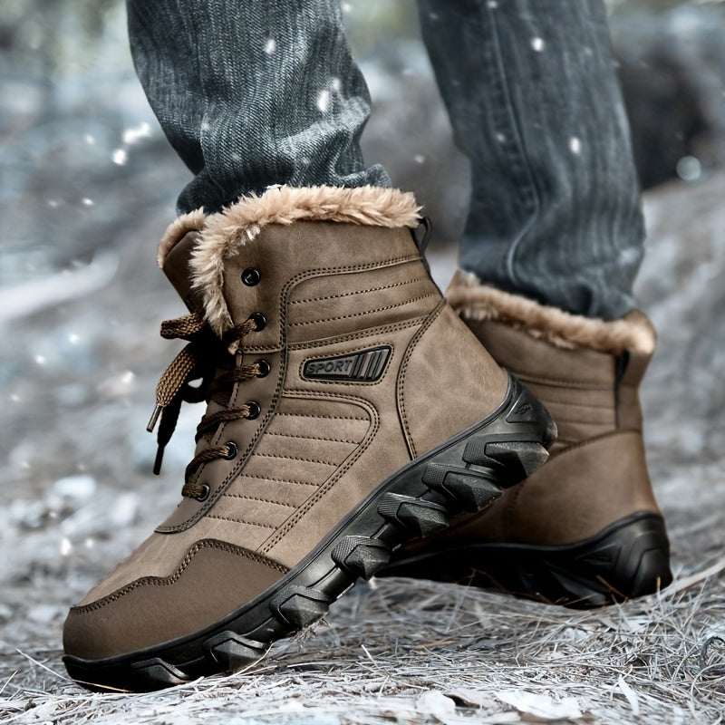 Men's Casual Snow Boots, Anti-skid Windproof High-top Lace-up Boots With Fuzzy Lining For Outdoor Walking Running Hiking, Autumn And Winter